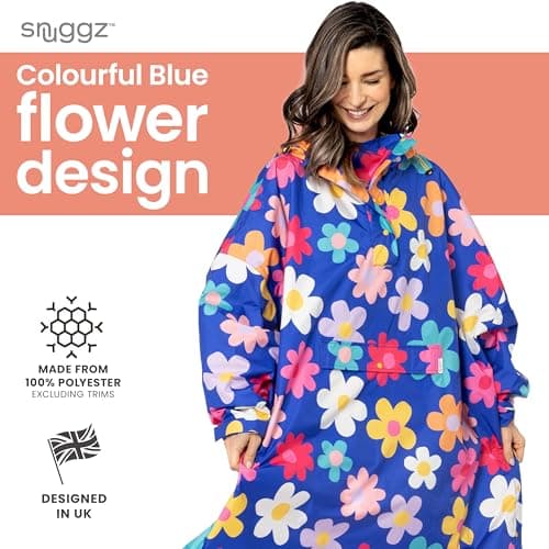 Adult Blue Floral Rain Poncho, Lightweight Waterproof Hooded Rain Coat — view 3