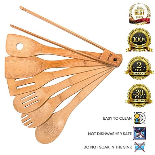 BlauKe® Wooden Kitchen Utensils Set of 7 – Bamboo Cooking Utensils for Non-Stick Cookware – Wooden Spatulas for Cooking, Wooden Spoons, Tongs — view 2