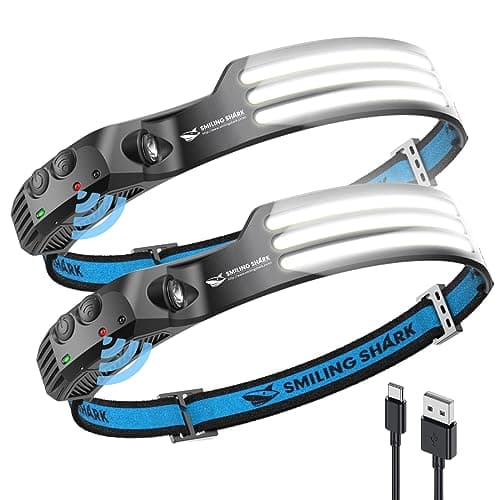 Smiling Shark LED Rechargeable Headlamp, 230°Wide Angle 2 Pack 3*White Light Lightweight HeadLamps Motion Sensor Waterproof Headlight for Camping Hiking Outdoor (White)