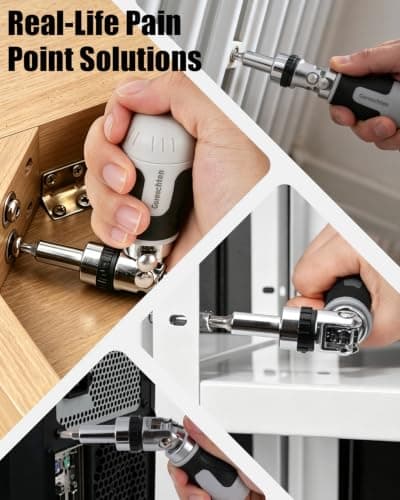 Gareschten 7-in-1 Multi-Angle Ratchet Screwdriver Set, 180° Pivoting Pocket Screwdriver with 6 CRV Bits (PH/SL/Torx) Inside Handle, Professional Compact Stubby Screwdriver Tool for Tight Spaces — view 6