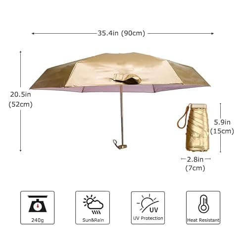BOUBUI Mini Folding Umbrella, Ultra Light Compact Umbrella, Rainproof & 99% UV Protection Parasol, Titanium Gold + White — view 3