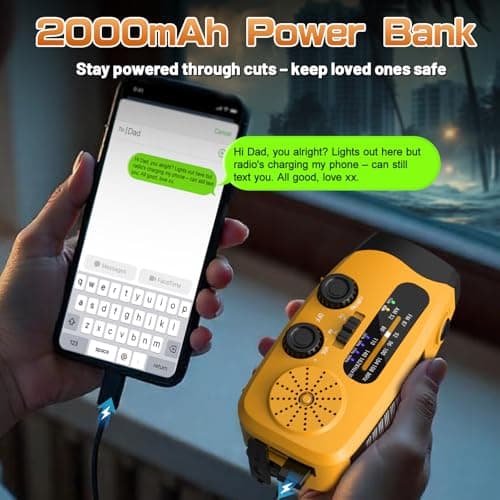 Wind Up Radio, Solar Emergency Radio, Portable Hand Crank Radio, AM/FM Radio with LED Torch, 2000mAh Rechargeable Power Bank, SOS Alarm, USB Phone Charger, Emergency for Camping Hiking (Light Orange) — view 2
