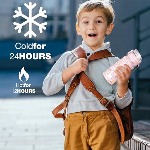 GOPPUS 420ml/14oz Kids Insulated Water Bottle with Straw Cute Double Wall Stainless Steel Child's Small Flask Vacuum Insulated Steel Metal Leak Proof Drink Flask Boys Toddler Girls Bottles BPA-Free — view 6