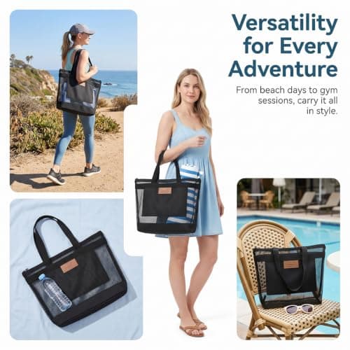 TESSTSY Lightweight Foldable Mesh Beach Bag, 30x9x28 cm Pool Tote with Zip — view 2
