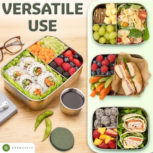 Everusely - Bento Box - Sage, 47oz / 1.4 L - Large Stainless Steel Lunch Box with Leakproof Condiment Container - 3 Compartment Snack Container Office Meals - Freezer & Dishwasher Safe — view 5