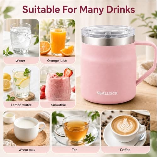 SiHuiTu 450ml Insulated Stainless Steel Coffee Mug with Lid & Handle(Pink) — view 5