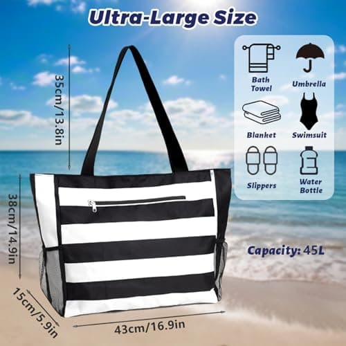 flintronic Extra Large Lightweight Beach Bag, Waterproof Beach Tote Bag with Zip, Foldable Shoulder Bag for Women, Reusable Shopping Bag, for Beach Travel Holiday Swimming Picnic,Black — view 3
