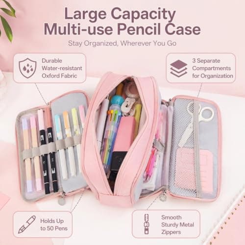 Large Capacity Pencil Case 3 Compartment Pouch Pen Bag for School, Pink — view 2