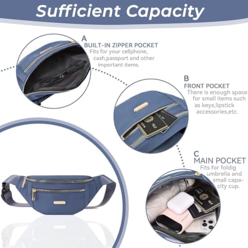 Fanny Pack Fashionable Waist Bag Casual Travel Bum Bag with 3 Zipper Pockets for Women Men Sports Running Hiking Jogging (Blue) — view 5