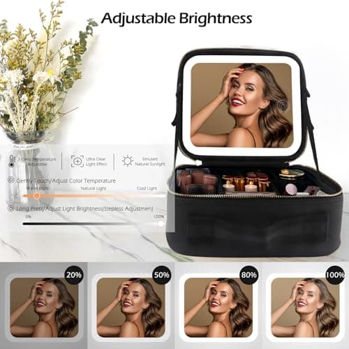 MOMIRA Travel Makeup Bag Cosmetic Bag Makeup Organizer Bag with Lighted Mirror, Adjustable Brightness in 3 Color Scenarios, Waterproof Makeup Train Case, Gift for Women - Black — view 4