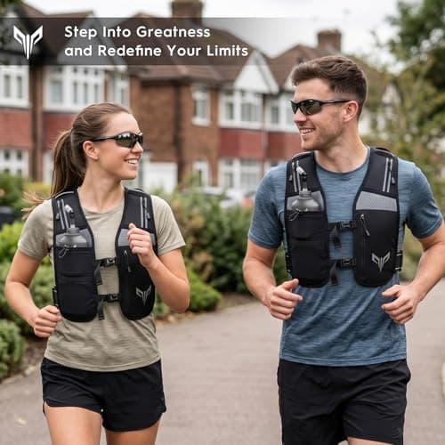 LED Running Vest for Men & Women with Phone Holder & 500ml Water Bottles - Reflective Lightweight Running Hydration Vest for Night Running, Marathon, Trail, Cycling (Black A, One Size) — view 2