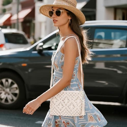 Sahunfri Straw Crossbody Bag for Women Bohemian Shoulder Bag Woven Crochet Purse For Summer Beach Travel Clutch Handbag (White) — view 3
