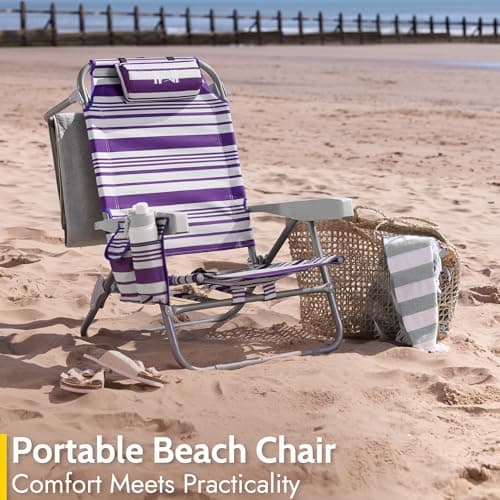 Trail Low Reclining Beach Chair, 4 Positions, Purple Stripes — view 3