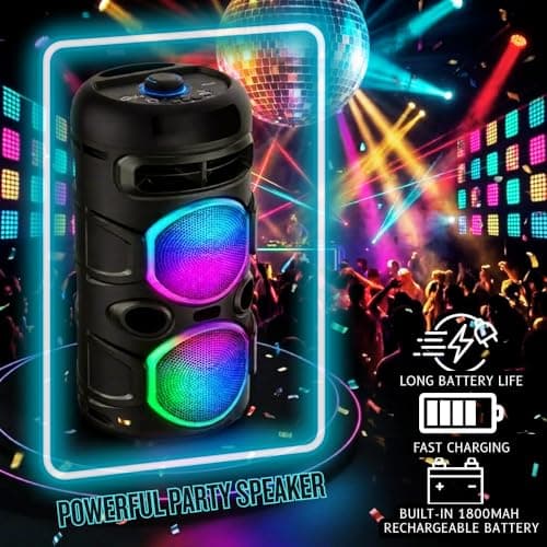 Portable Bluetooth Speaker 20W Stereo Party Speaker with RGB LED Lights, Wired Karaoke Mic, Bluetooth 5.0, USB/TF/FM, Rechargeable Battery, Outdoor Wireless Speaker — view 5