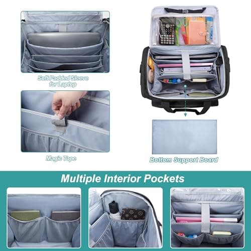 CURMIO Rolling Teacher Bag on Wheels with Scalable File Organizer, Black — view 3