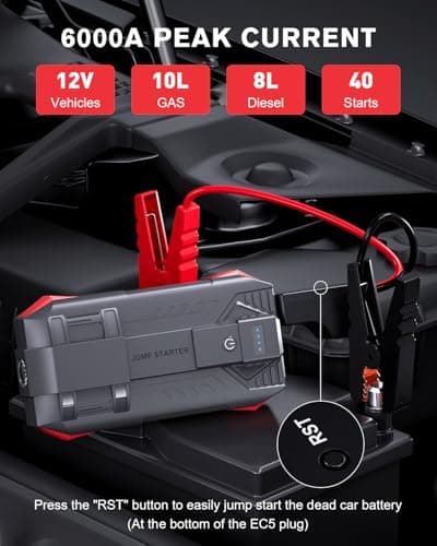 Povasee Jump Starter Power Pack, 6000A Car Battery Booster Jump Starter Power Bank (up to 10L Petrol/8L Diesel), 12V Jump Pack Car Starter with Jump Leads, Emergency LED and 2 USB Ports — view 2