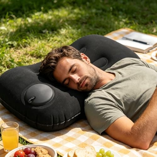 Camping Pillow, Black Inflatable Camping Pillows, Ultraligh Compressible Campings Essentials, Inflatable Air Travel Pillo with Storage Bag, Eye Mask and Earplugs, for Campings, Hiking, Beach, Fishing — view 4