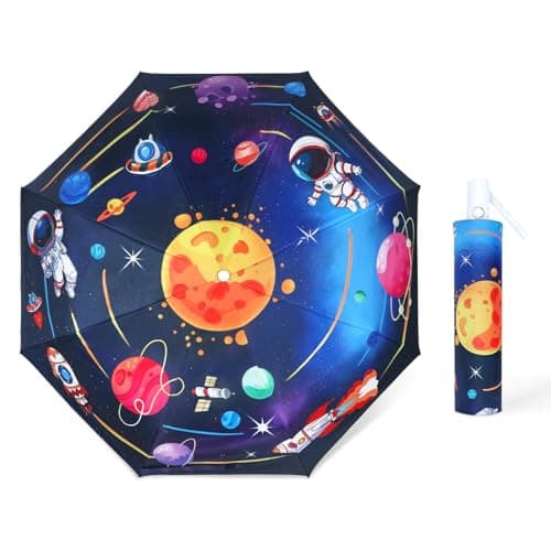 Decalsweet Kids Travel Folding Umbrella,Strong Windproof Automatic Compact Umbrella with Reflective Strips,UV Protection Sun Umbrella for Boys Girls-Astronaut Planet