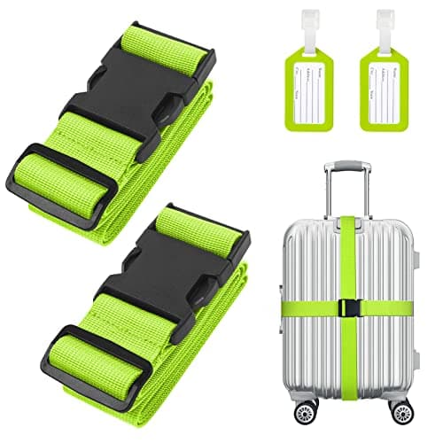 Flintronic 2 Pcs Luggage Straps with Luggage Tags, Adjustable Packing Belts for Suitcases Security Non-Slip Travel Belt Travel Accessories(Green)