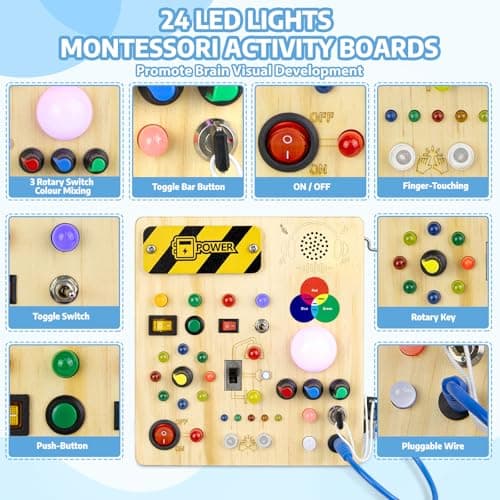 Konijiwa Montessori Busy Board Baby Toys for 1 Year Old with 13 Switches 24 LED Lights Switch Sensory Travel Wooden Activity Learning Toy 1 2 3 Years Old Baby Boys Girls Gifts — view 2