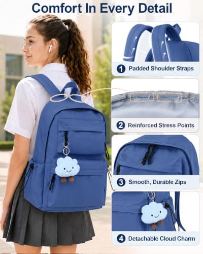 FIORETTO Backpack Womens School Bag Girls Boys, Lightweight Water-Resistant Fits 15.6" Laptop Large Capacity Rucksack with Anti-Theft Pocket, Ideal for School College Commuting Travel, Dark Blue — view 5