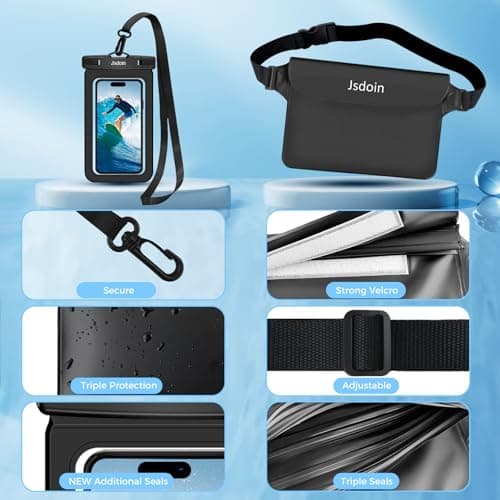 Jsdoin Waterproof Pouch Bag +Waterproof Phone Pouch, Dry Bags Waterproof bag with Adjustable Strap, IPX8 Phone Case for Swimming Travel Beach Trip Snorkelling Kayaking -holiday essentials Black — view 6