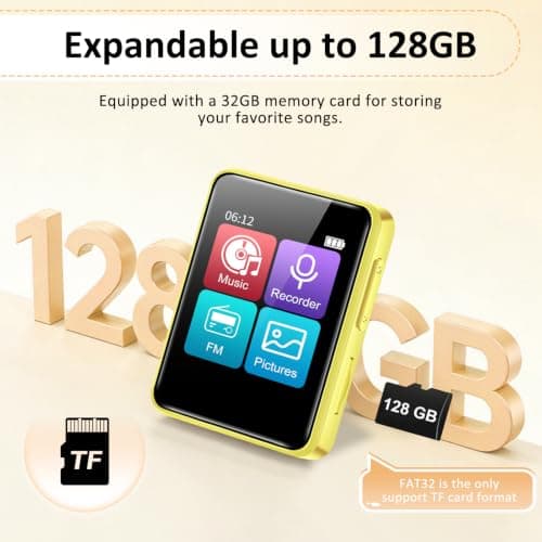 Foeuyte 32GB MP3 Players with Bluetooth,1.8 Inch Touch Screen, Lemon Yellow — view 6