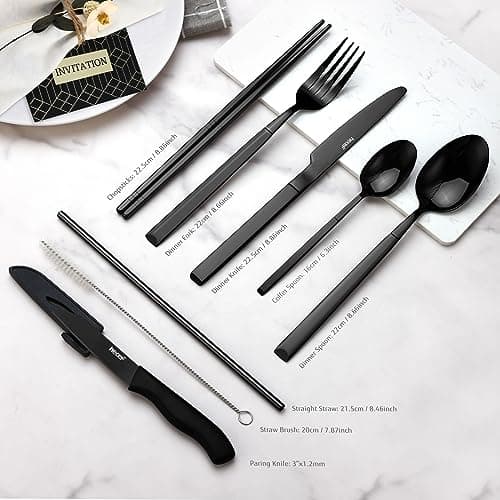 hecef Travel Cutlery Set - Portable Camping Flatware (Black) — view 6