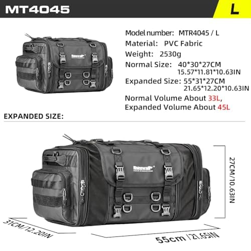 Rhinowalk Motorcycle Tail Bag, Expandable Motorcycle Travel Luggage Bags 33-45L, Waterproof All-Weather Trunk Rack Bag with Sissy Bar Straps & Helmet Rain Cover-Black — view 2