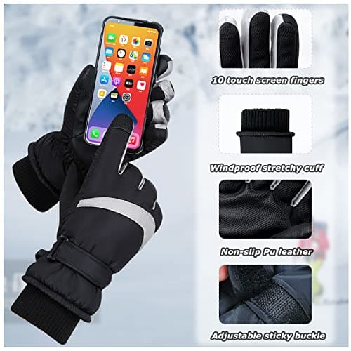 Andiker Women Waterproof Ski Gloves, Winter Touchscreen Thermal Gloves with Fleece, Windproof Snowboard Glove for Skiing Running and Cycling (Black-light grey) — view 2