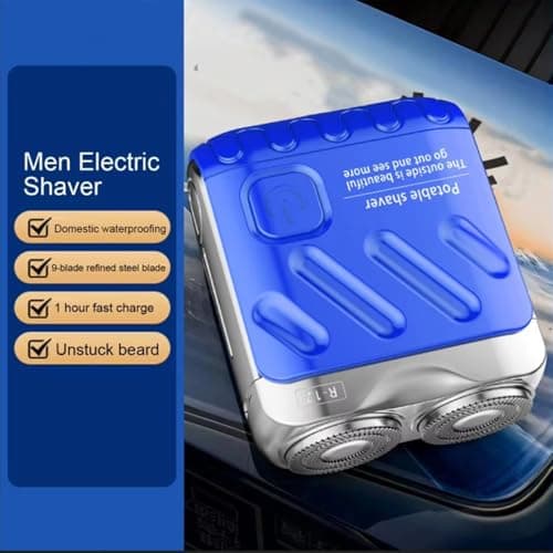 Mini Electric Shaver, Men's Electric Mini Shaver, USB Rechargeable IPX7 Waterproof, New Mini Beard Shaver and Portable Suitcase Design, Luggage Electric Shaver,Double-Ring Magnetic Blade（Blue） — view 2