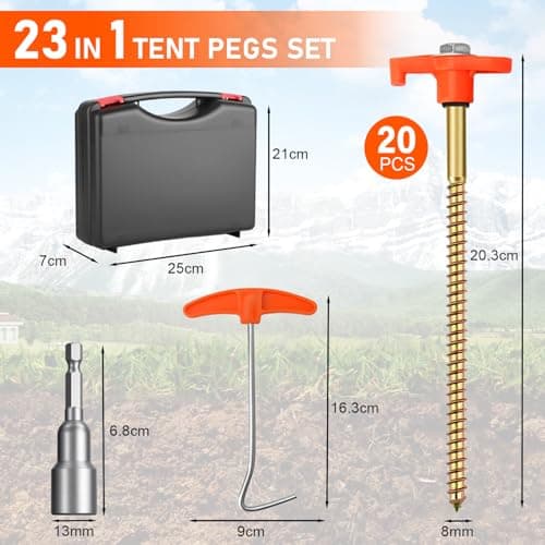 RIZENCE® 20 Pack Strong Tent Pegs Metal Heavy Duty with Carry Case - 20cm Screw In Tent Camping Pegs with Drill Adapter, Rock Pegs for Hard Ground for Camping, Galvanised Steel Rust-Resistan — view 4