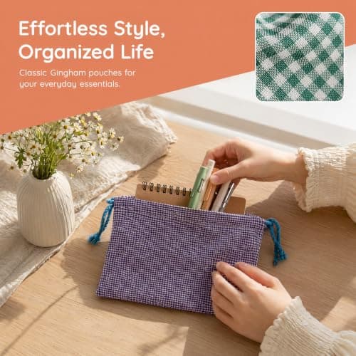 4PCS Linen Cotton Plaid Makeup Pouch, Contrast Zip Pouches for Handbags, Compact Cosmetic Bag, Lightweight Travel Pouch, 16×21cm Storage Organiser for Skincare Stationery Toiletry Essentials — view 5