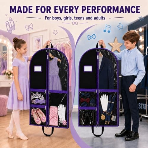 Costume Garment Bag, 100 × 60 × 8 cm Dress Bag with 3 Zipped PVC Pockets, Foldable Suit Bag & Dress Cover for Dance Costumes, Travel, Competitions, Kids and Adults, 1 Pack — view 2