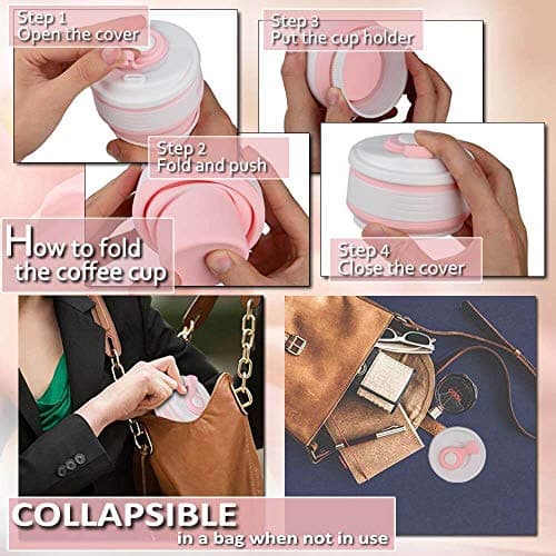 AniSqui Collapsible Coffee Cup Silicone with Lids, 12oz 350ml (Pink) — view 3