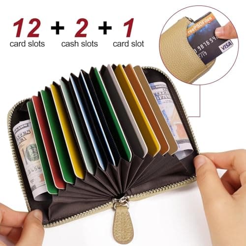 GADIEMKENSD Women Credit Card Holder Security RFID Wallet Zipper for Travel Leather Accordion Wallets Inserts Case Business Cards Organizer Compact Credit Card Cash Slots Champagne Gold — view 2