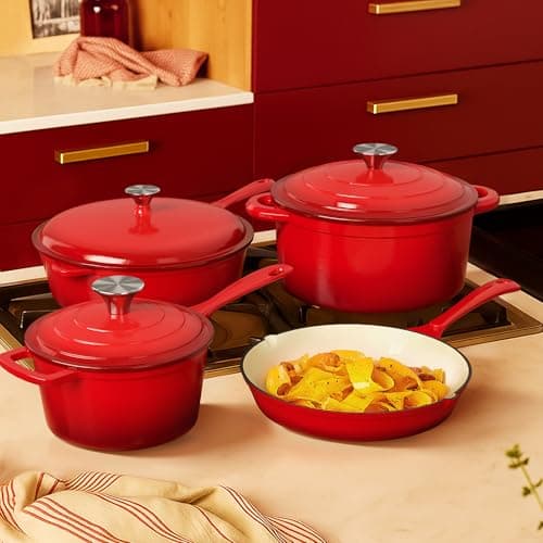 Kitchen Academy 7-Piece Red Enamelled Cast Iron Cookware Sets