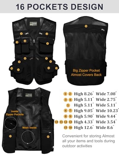Flygo Men's Fishing Vest Utility Lightweight Outdoor Travel Safari Photo Cargo Vest with 16 Pockets, Black-mesh, XS — view 3