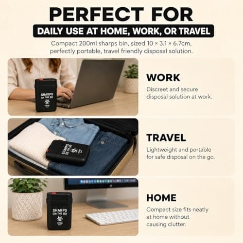 3pk Travel Sharps Bin 0.2L – Small Sharps Box for Needles, Lancets & Insulin Pen Tips – Portable Disposal Container with Secure Leakproof Lid – Medical Waste Bin, Black — view 2