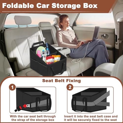 Car Back Seat Organiser with Mesh Pockets & Dual Handles, 2 Compartments Multi-Functional Large Capacity Foldable Cars Boot Tool, Sturdy Oxford Fabric Toys Storage Box Essentials for Kids & Women — view 4
