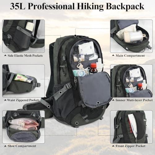 Hiking Backpack 35L, Waterproof Travel Rucksack with Shoe Compartment, Grey — view 3