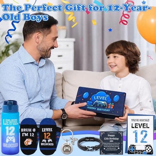 EccoDen 12th Birthday Gifts for Boys Age 12 – Funny Gamer Gift Set with Sports Water Bottle, Gamepad Keyring, Level 12 Socks & Bracelet – Cool Birthday Presents for Gamer Kids — view 2