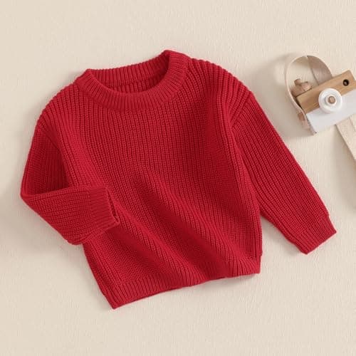 Geagodelia Toddler Baby Boy Girl Warm Sweater Long Sleeve Crew Neck Solid Color Knitted Pullovers Tops Knit Jumpers Sweatshirt Chunky Knitwear Fall Winter Clothes Outfits (Red, 2-3 Years) — view 5