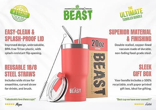 Beast Tumbler - 550 ml (20 oz), Coral Pink | Reusable Stainless Steel, Vacuum Insulated Cup | with + 2 Straws & Cleaning Brush | Double Wall Travel Flask Perfect for Hot or Iced Coffee — view 2