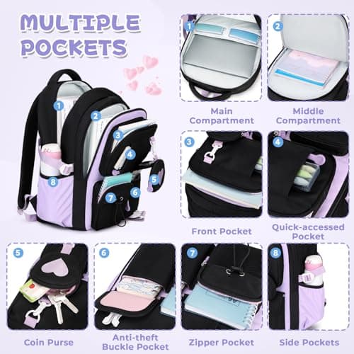 QIXIHU School Bag for Girls, Cute Aesthetic Kids Backpack for Primary School, Large Casual Rucksack Travel Bookbag with Heart Coin Purse — view 4