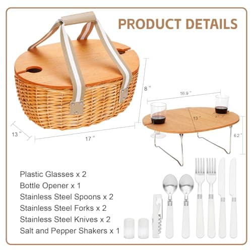 STBoo Picnic Basket for 2, Insulated Wicker Hamper with Table, (Beige New) — view 3