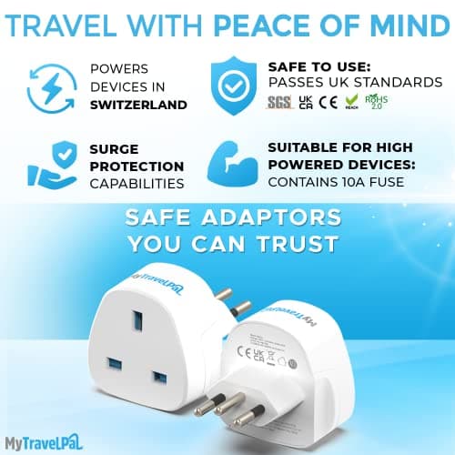 MyTravelPal UK to Switzerland Plug Adapter | UK Safety Standards | Type J — view 3