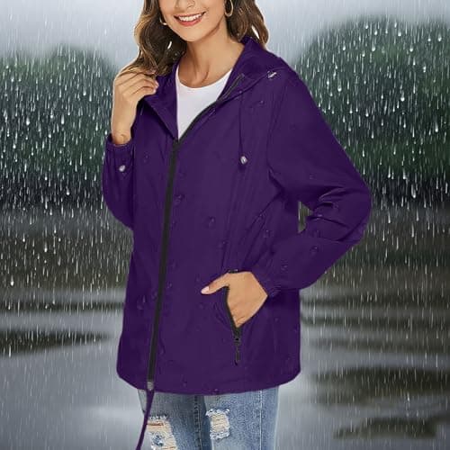 Waterproof Jacket Womens Packaway Rain Coat with Zip Pocket Outdoor Lightweight Softshell Sport Jacket Windproof Windbreak Hiking Jackets Casual Hooded Raincoats Rainproof Coats — view 3