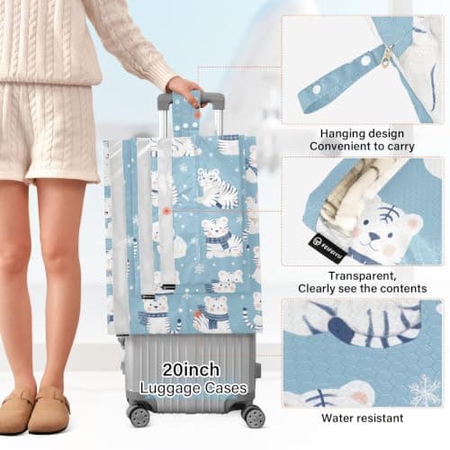 White Tigers in Winter on Blue 3 Set Packing Travel Organizer Stackable Travel Bags For Luggage Bags For Luggage Clothing Organizer — view 3