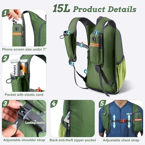 BECOJADDE 15L Hiking Backpack for Men Women Foldable Small Rucksack Lightweight Mini Backpack for Camping Travel Outdoor, Olive Green — view 2